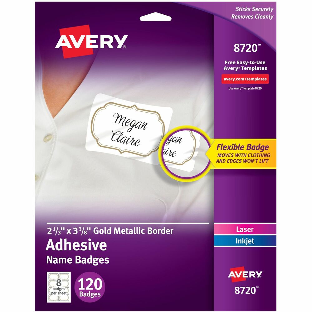 AVE8720 - The flexible name tag with gold metallic border moves with clothing without the edges curling up or the badge falling off. Unique peel-away design allows badges to separate easily from the printed sheet while the individual badge backing remains intact until ready to use. Removable adhesive is safe for most fabrics (not recommended for use on corduroy, plastic, leather, silk, suede, velvet, vinyl or other delicate fabrics). Name tag is easy to customize with free online templates and designs using Avery Design & Print. Handwrite or print on the letter-size sheets that are compatible with both laser and inkjet printers. Each sheet includes eight name tags. More from the Manufacturer