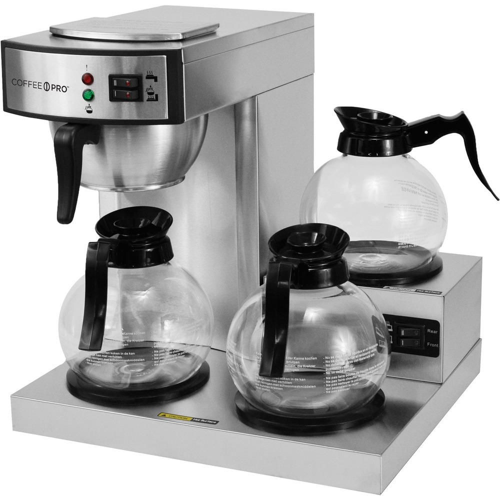 CFPCPRLG - Commercial coffee brewer features European fresh water brewing technology to produce up to 2.2 liters of the finest-quality coffee in just 4 to 5 minutes. Three separate warming plates keep your coffee at an optimal temperature for lasting enjoyment. Two included decanters are made with a contoured handle to ensure you maintain a secure grip and prevent spills. With its institutional design and stainless steel frame, this brewer wipes down easily for quick cleanings.