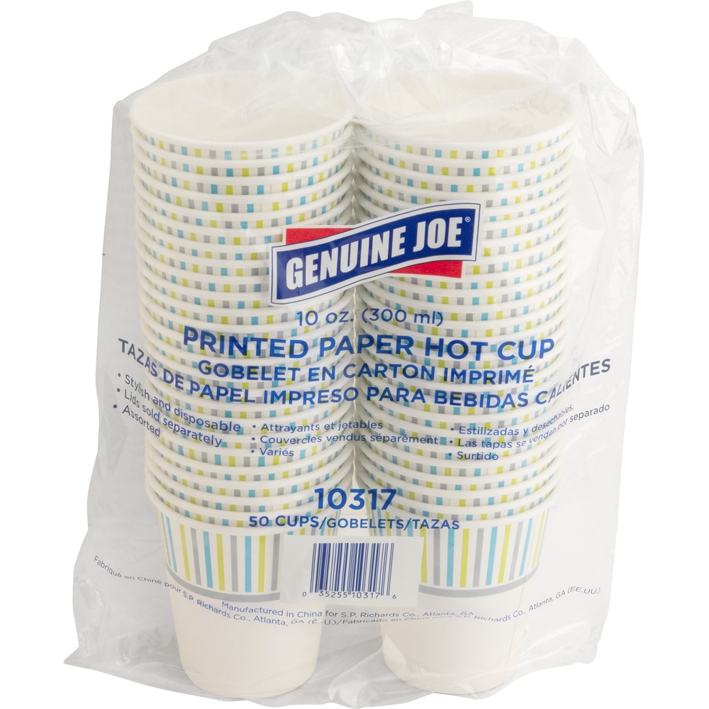 Genuine Joe 10 oz Hot Beverage Cups - 10 fl oz - Assorted - Paper - Hot Chocolate, Cappuccino, Tea, Coffee, Beverage - 50 / Pack