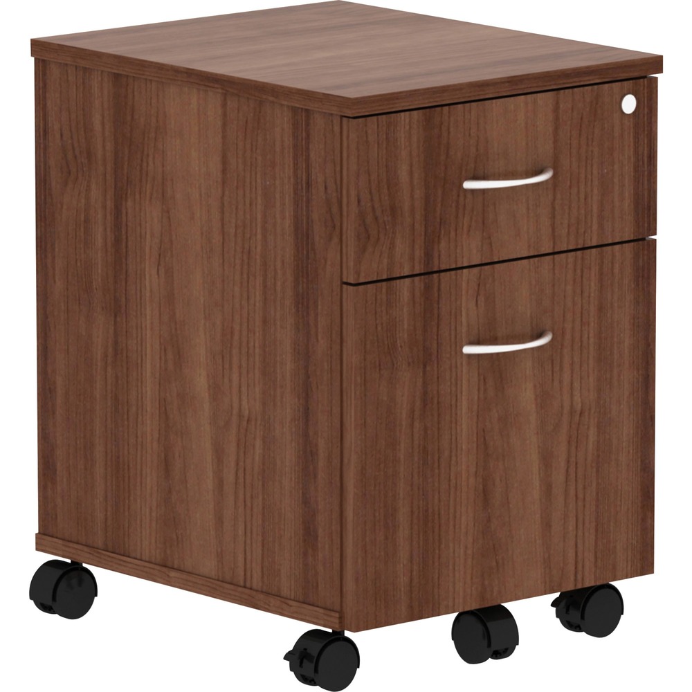 LLR16230 - Mobile pedestal is part of the Lorell Relevance Series, versatile and stylish office furniture that configures to meet your needs. Walnut laminate exterior matches other units in the series for a cohesive, professional look. Locking pedestal includes four dual-wheeled casters (two locking) for easy mobility, one box drawer for storing supplies and one file drawer for securing your letter-size hanging file folders. Adjustable leveling feet help keep the pedestal even on uneven surfaces.