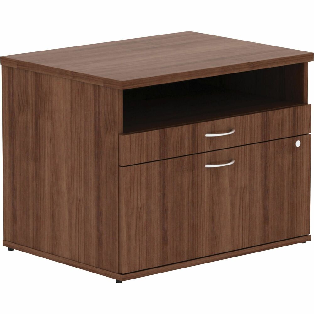 LLR16231 - File cabinet credenza with open shelf is part of the Lorell Relevance Series, versatile and stylish office furniture that configures to meet your needs. Walnut laminate exterior matches other units in the series for a cohesive, professional look. Low cabinet with silver pulls includes an open shelf, one supply drawer and one lateral file drawer for versatile storage. Adjustable leveling feet help keep the credenza even on uneven surfaces.