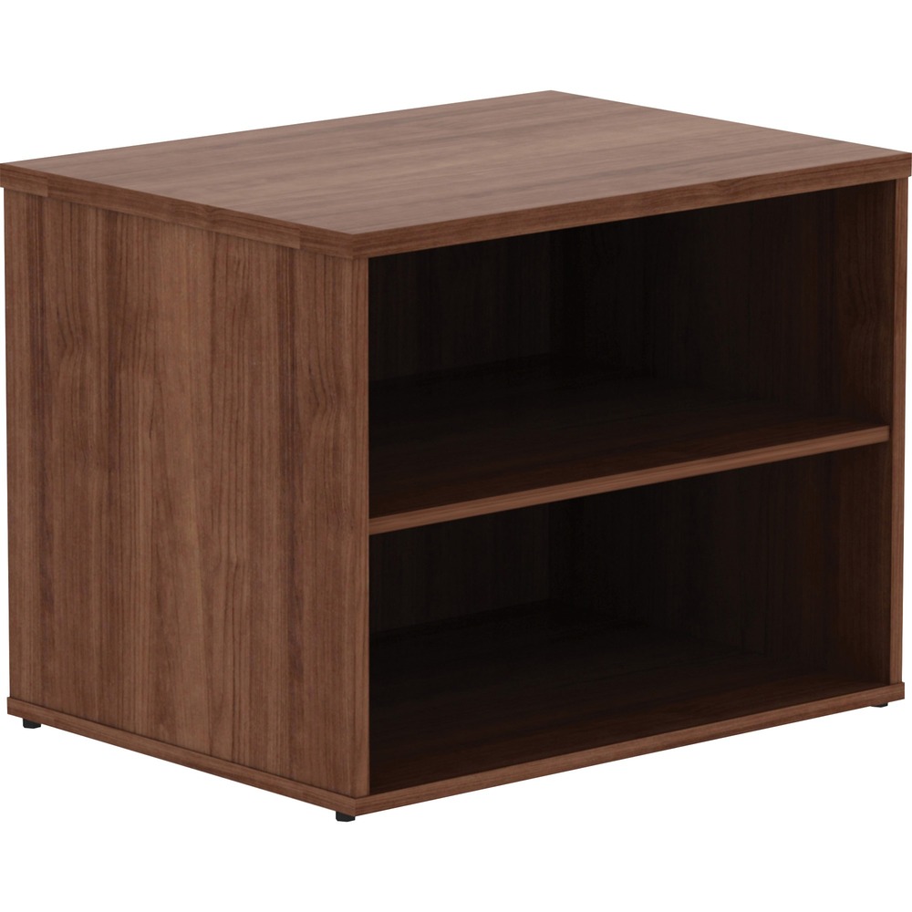 LLR16232 - File cabinet credenza without doors is part of the Lorell Relevance Series, versatile and stylish office furniture that configures to meet your needs. Walnut laminate exterior matches other units in the series for a cohesive, professional look. Low cabinet provides two open shelves for flexible storage. Adjustable leveling feet help keep the credenza even on uneven surfaces.