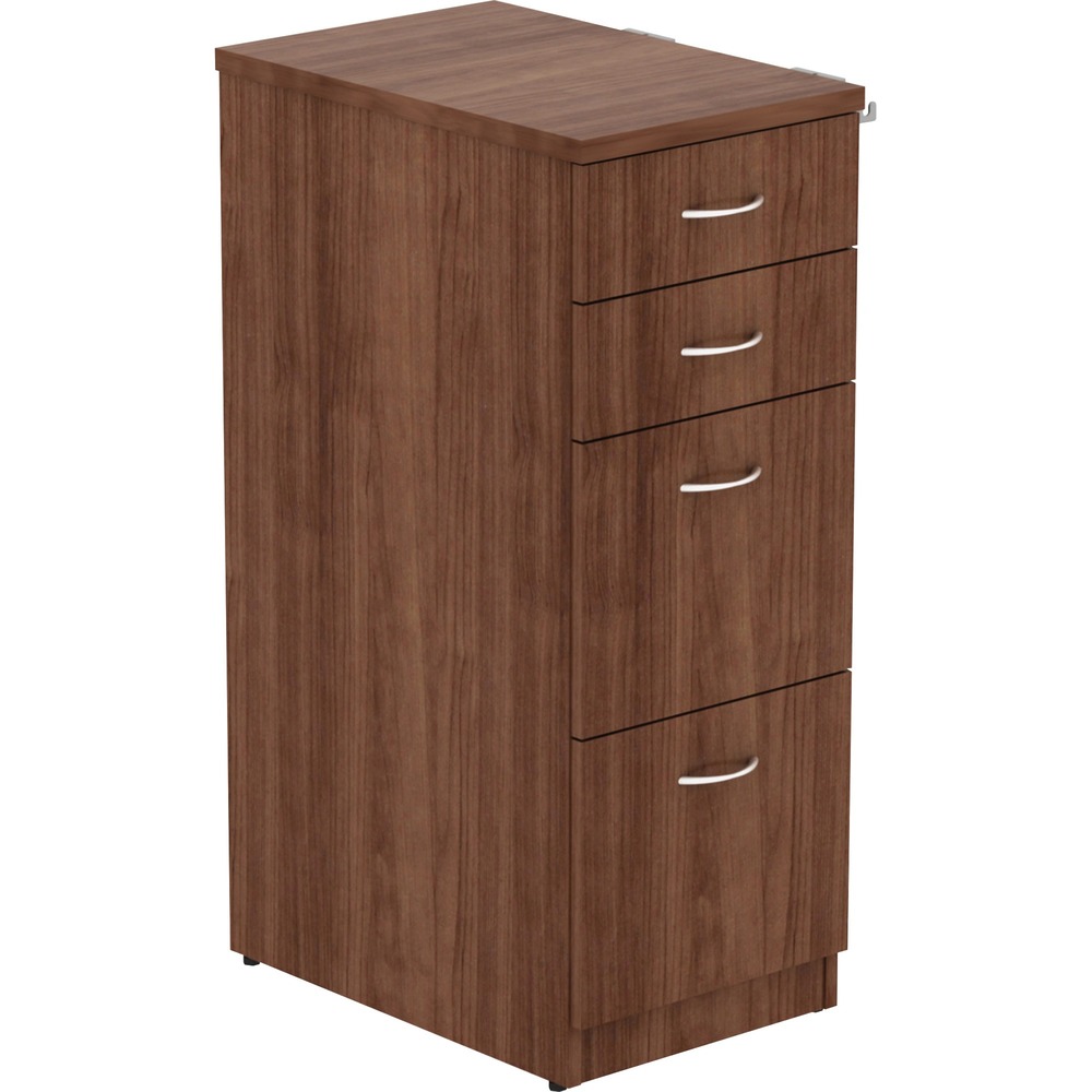 LLR16236 - Four-drawer file cabinet is part of the Lorell Relevance Series, versatile and stylish office furniture that configures to meet your needs. Walnut laminate exterior matches other units in the series for a cohesive, professional look. Cabinet with silver pulls includes two box drawers and two file drawers to maximize storage and filing space. Removable top lets you use it freestanding or under a worksurface. File cabinet is made with a side metal frame for durability. Adjustable leveling feet help keep the file cabinet even on uneven surfaces.