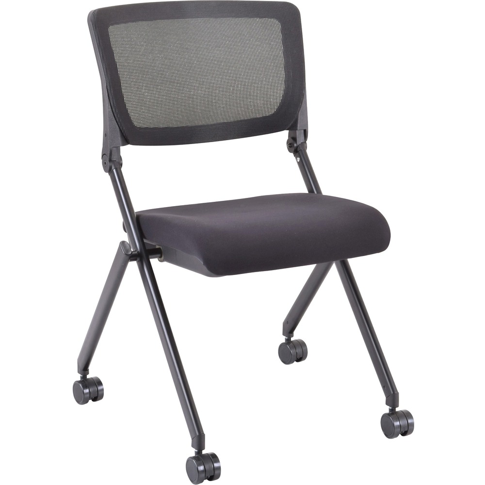 LLR41846 - Mesh Back Nesting Chairs feature a fabric-upholstered foldable seat that makes storing easy. Simply fold up the seat and collapse the legs to nest chairs for compact storage. Breathable mesh back conforms to your body. Molded cushion on the seat makes it more comfortable for your guests or training participants. Metal frame is powder-coated for durability and equipped for nylon casters for easy relocation. More from the Manufacturer