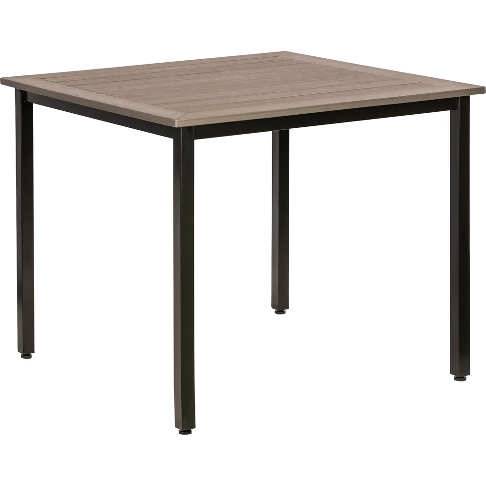 LLR42686 - Resilient outdoor table with ultraviolet protection features a simulated, Weathered Charcoal wood finish that combines the sleek style of wood with the durability of polystyrene to withstand outdoor conditions. It will not splinter, warp or rot and never needs refinishing. Steel tube legs provide sturdy support to safely hold a variety of items without wobbling. Easy-to-use design makes building this table quick and simple to ensure proper assembly. Outdoor table coordinates with Lorell outdoor chairs and benches (sold separately).