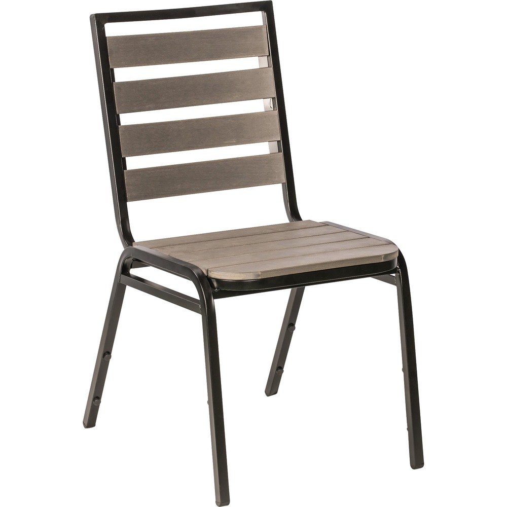 LLR42687 - Resilient outdoor chair with ultraviolet protection features a simulated, Weathered Charcoal wood finish that combines the sleek style of wood with the durability of polystyrene to withstand outdoor conditions. It will not splinter, warp or rot and never needs refinishing. Steel tube legs resist warping to provide reliable, long-lasting support. Outdoor chair coordinates with Lorell outdoor tables and benches (sold separately).
