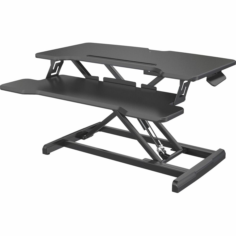LLR99539 - Monitor riser features an X-type structure that enhances its stability to ensure your valuables are securely displayed. Large worksurface is suitable for one monitor and one laptop. Height-adjustable design accommodates users with varying heights. Worksurface holds up to 33 lb. The keyboard tray capacity is 5 lb. Monitor riser is perfect for enjoying the healthful benefits of standing while you work. More from the Manufacturer