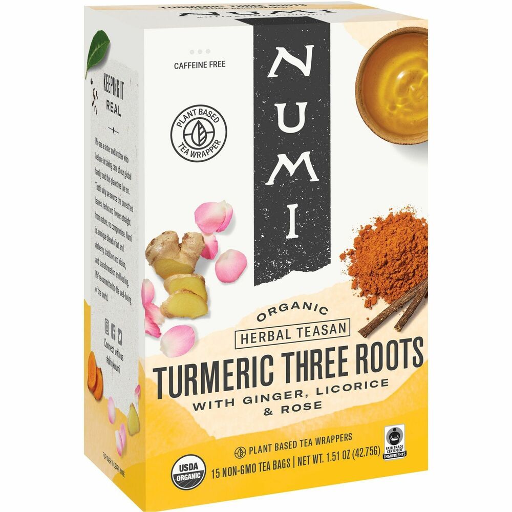 NUM10550 - Blending earthy turmeric, spicy ginger and sweet licorice, this organic tea transports your senses to an exotic spice market. As the complexity of the roots unfolds, the flavors of organic rose bring mental clarity, grounding and centering the spirit. Caffeine-free tea keeps you feeling refreshed without the extra jolt of energy to unwind at any point of the day. Easy-to-brew recipe requires you to simply bring fresh water to a boil and steep for 8 to 10 minutes. Individually packaged tea bags provide long-lasting freshness for maximum flavor.