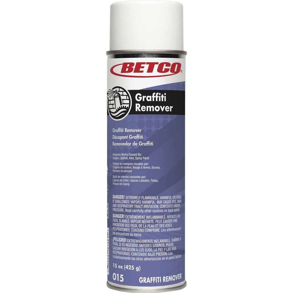 BET0152300 - Safe on many surfaces, Graffiti Remover quickly penetrates and dissolves graffiti. Use on restroom walls, trucks, buses, public buildings and sidewalks for a professional look. It removes tar, lipstick, spray paints, scuff marks, marker, ink, crayon, wax buildup and other solvent-based marks and stains. Fast-acting, ready-to-use formula in an aerosol spray can adheres to vertical surfaces for longer contact time.