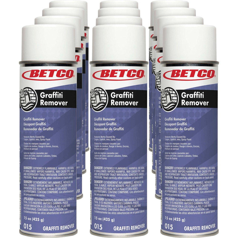 BET0152300CT - Safe on many surfaces, Graffiti Remover quickly penetrates and dissolves graffiti. Use on restroom walls, trucks, buses, public buildings and sidewalks for a professional look. It removes tar, lipstick, spray paints, scuff marks, marker, ink, crayon, wax buildup and other solvent-based marks and stains. Fast-acting, ready-to-use formula in an aerosol spray can adheres to vertical surfaces for longer contact time.