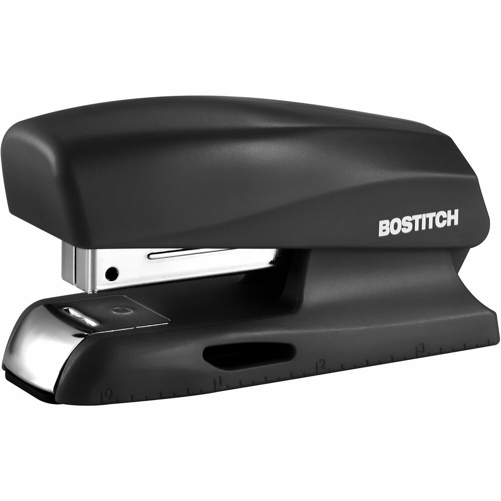 BOSB150BLK - This compact, half-strip stapler with a 20-sheet stapling capacity features a built-in storage compartment to keep extra staples close at hand. Integrated ruler allows quick, on-the-go measurements without requiring you to reach for a ruler. Nonskid rubber base protects your desktop from scratches and keeps the stapler still during use. Stapler also opens 180 degrees for tacking and bulletin board use. Stapler value pack includes 210 premium standard staples.