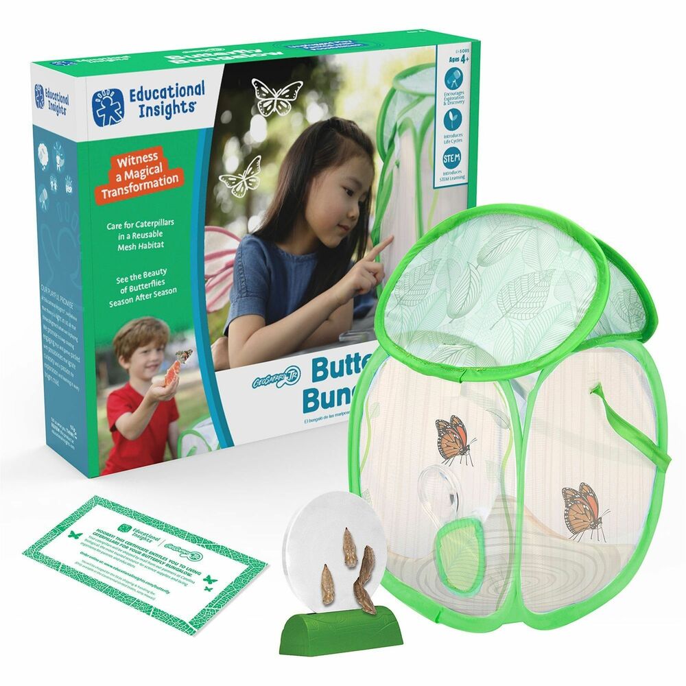 EII5085 - Raise and release beautiful butterflies from start to finish with this butterfly bungalow. Simply follow the instructions on the caterpillar certificate to receive your caterpillars and then watch as they cocoon in the habitat and emerge. The included chrysalis log makes caring for these incredible creatures simple. With the included magnifying glass, you'll see every amazing step in detail. The reusable mesh habitat folds easily for storage. Butterfly bungalow is perfect for STEM learning through scientific exploration. Bungalow is designed for children ages 4 to 10.