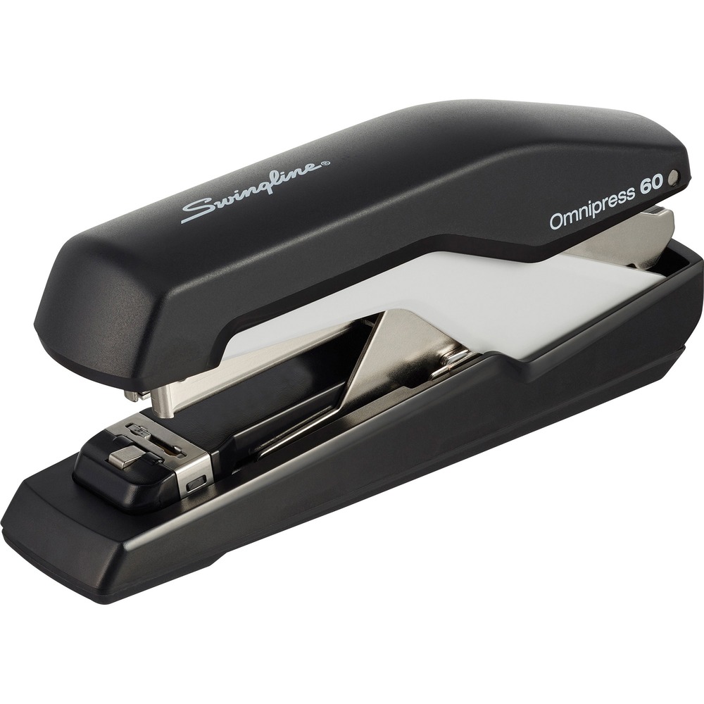 SWI5000590 - Press anywhere with less force when you use this Omnipress 60 Stapler. Unlike traditional staplers, patented Omnipress technology allows you to staple by pressing anywhere on the stapler body. With patented SuperFlatClinch technology, paper stacks are 40 percent flatter. Compared to other press-less staplers, the ergonomic design allows superior in-hand or desktop use. Stapler fastens up to 60 sheets with a 5/16" staple. It includes a starter pack of Omnipress staples.