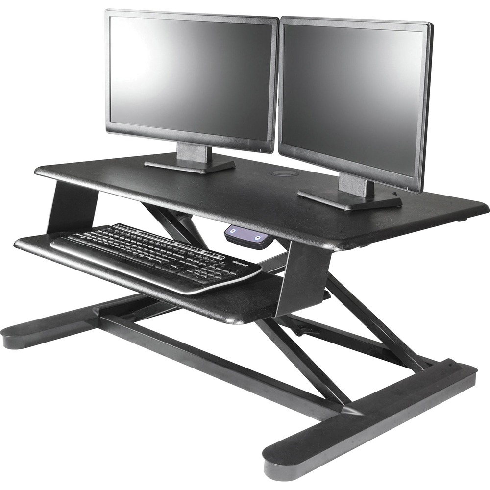 KTKSTS965 - Adjust your work space up and down with the push of a button using the Electric Sit to Stand Workstation. Powerful electric motor lifts up to 60 lb. on the platform vertically from 6-3/10" to 23-2/5". Large platform measures 35" wide x 21" deep and holds two 24" monitors. Desk riser also includes a keyboard tray. Grommet hole centered near the back edge mounts optional monitor arms for single and double monitors or it can be used for cable management. Electric mechanism is CE/UL certified.