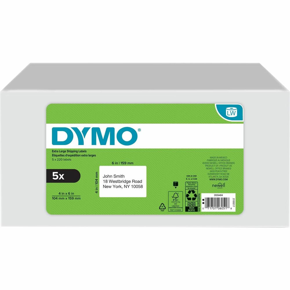 Dymo LabelWriter Extra Large Shipping Labels - 6" Height x 4" Width - Roll - Direct Thermal - Black on White - Paper - 220 / Roll - 1100 Total Label(s) - 5 / Pack