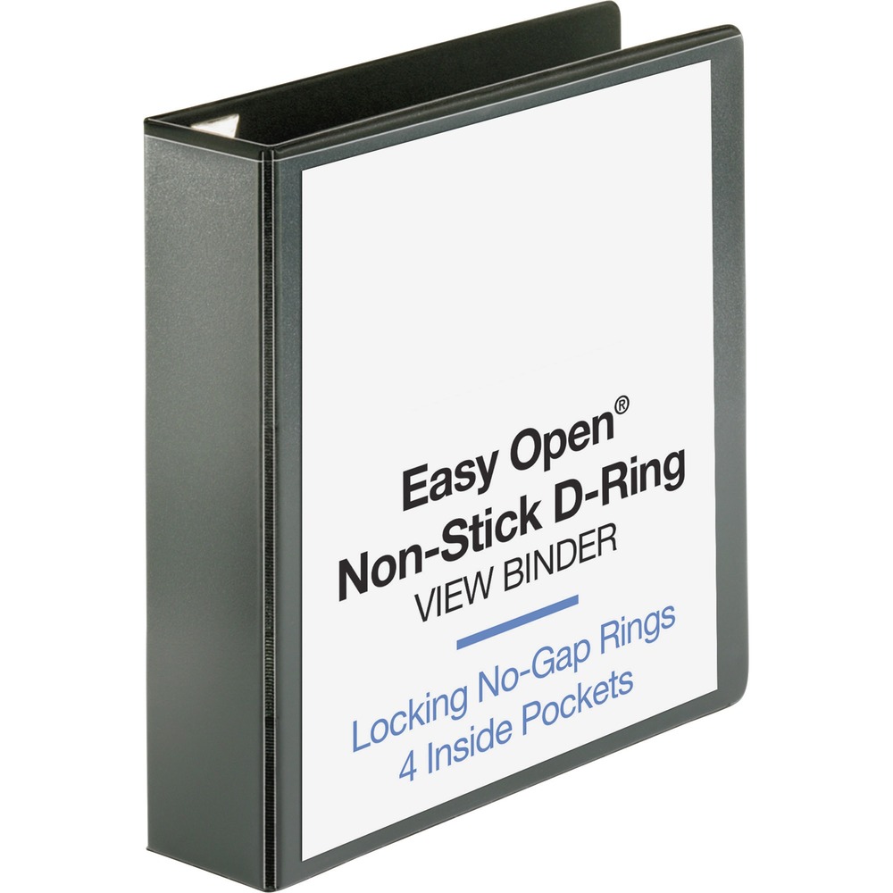 BSN26960 - Locking D-Ring View Binder features no-pinch rings that open, close and lock with one touch. D-ring design holds more sheets than standard round-ring binders. Locking steel rings are mounted to the back instead of the spine so pages lie flat. 2" ring capacity holds approximately 500 sheets. Clear, nonglare overlay holds custom title sheets. Acid-free polypropylene construction prevents contents from sticking to the binder cover. Four horizontal pockets are stacked inside front and back covers to maximize storage space on the covers. Each pocket holds 30 sheets. Binder also features exposed rivets and a sturdy chipboard core.