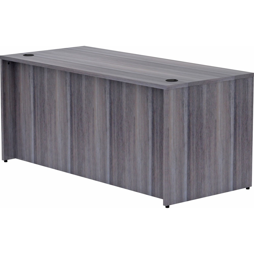 LLR69546 - Rectangular desk shell is part of Lorell Essentials Series Laminate Furniture with high-quality laminate construction and metal-to-metal, cam-lock connections. Weathered charcoal laminate top is 1" thick for durability. Use the two grommet holes in the top for easy cord routing. Design also includes a full modesty panel for privacy, 3mm PVC edges and adjustable floor guides for stabilization. Furniture has pre-drilled holes with metal inserts for easy attachment.