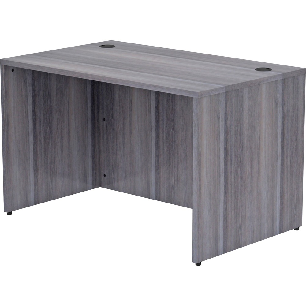 LLR69548 - Rectangular desk shell is part of Lorell Essentials Series Laminate Furniture with high-quality laminate construction and metal-to-metal, cam-lock connections. Weathered charcoal laminate top is 1" thick for durability. Desk can be used in L-shaped configurations. Use the two grommet holes in the top for easy cord routing. Design also includes a full modesty panel for privacy, 3mm PVC edges and adjustable floor guides for stabilization. Furniture has pre-drilled holes with metal inserts for easy attachment.