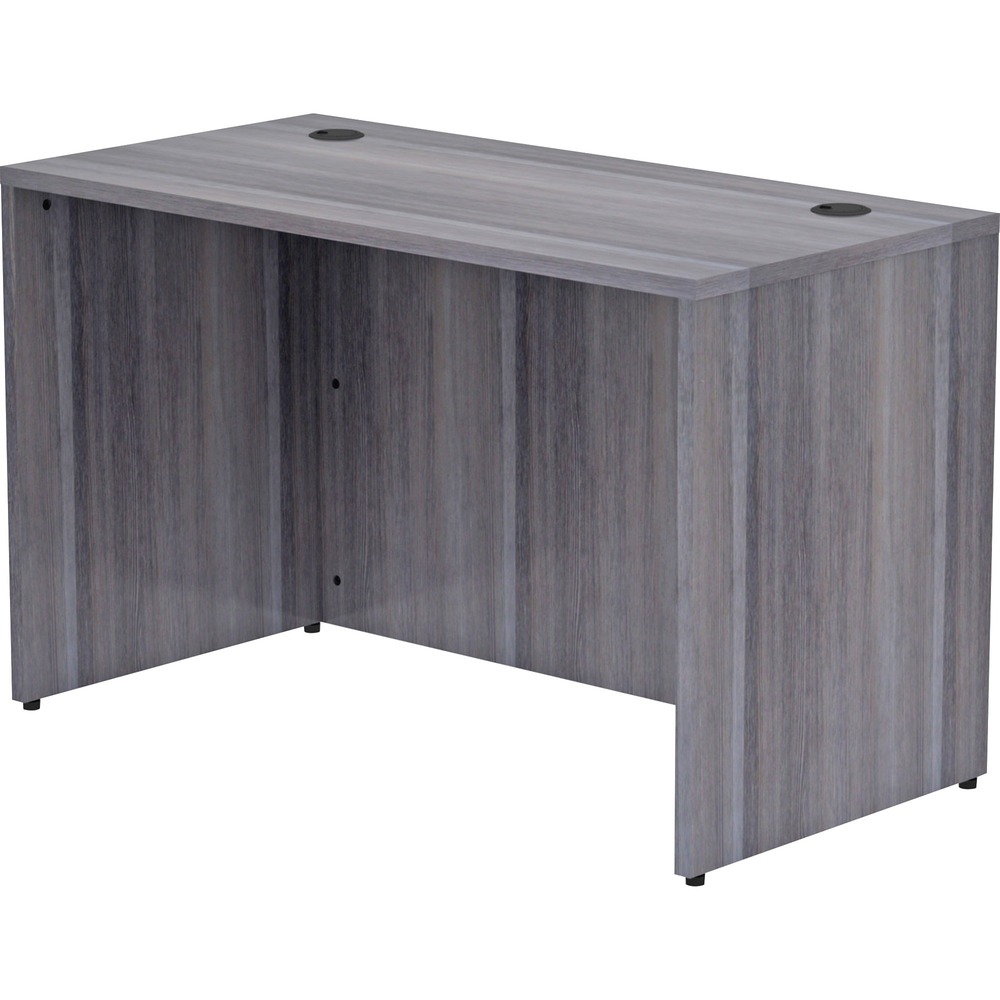 LLR69549 - Rectangular desk shell is part of Lorell Essentials Series Laminate Furniture with high-quality laminate construction and metal-to-metal, cam-lock connections. Weathered charcoal laminate top is 1" thick for durability. Desk can be used in L-shaped configurations. Use the two grommet holes in the top for easy cord routing. Design also includes a full modesty panel for privacy, 3mm PVC edges and adjustable floor guides for stabilization. Furniture has pre-drilled holes with metal inserts for easy attachment.