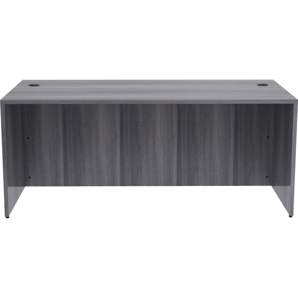 LLR69550 - Rectangular desk shell is part of Lorell Essentials Series Laminate Furniture with high-quality laminate construction and metal-to-metal, cam-lock connections. Weathered charcoal laminate top is 1" thick for durability. Desk can be used in L-shaped configurations. Use the two grommet holes in the top for easy cord routing. Design also includes a full modesty panel for privacy, 3mm PVC edges and adjustable floor guides for stabilization. Furniture has pre-drilled holes with metal inserts for easy attachment.