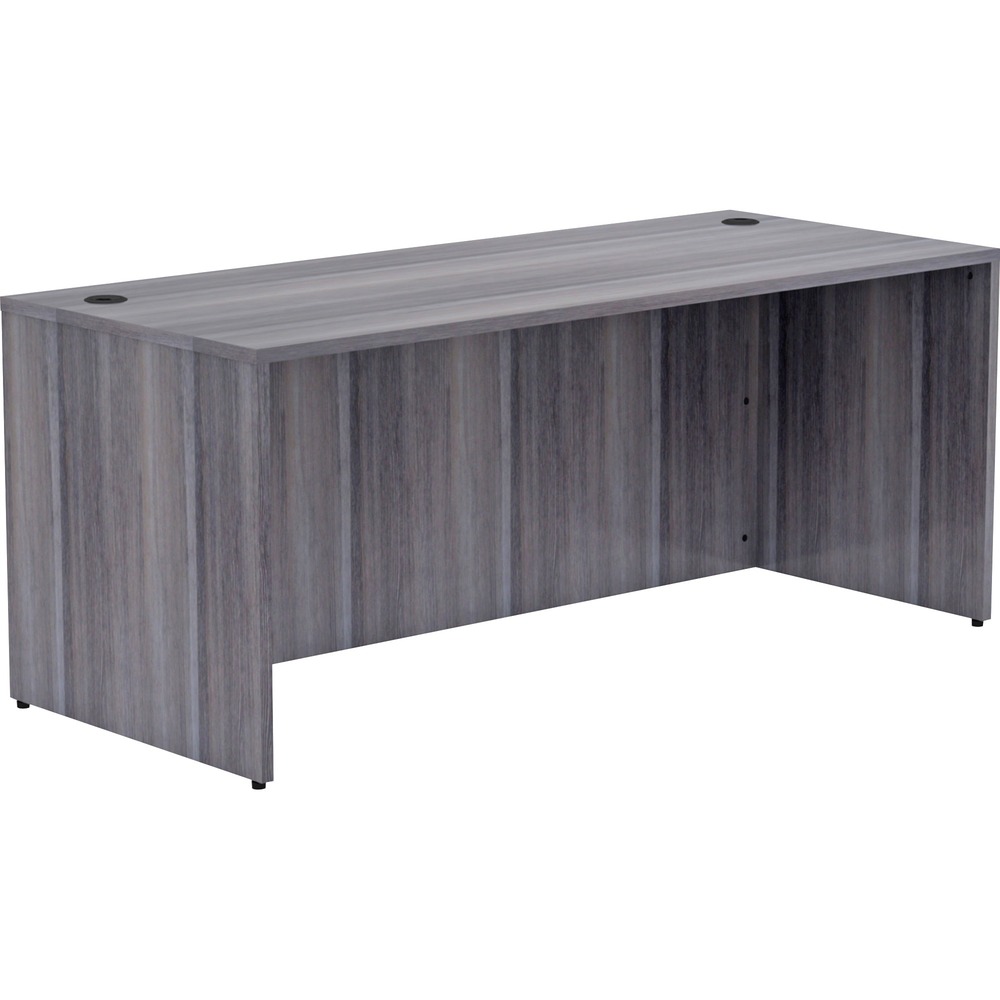LLR69551 - Rectangular desk shell is part of Lorell Essentials Series Laminate Furniture with high-quality laminate construction and metal-to-metal, cam-lock connections. Weathered charcoal laminate top is 1" thick for durability. Desk can be used in L-shaped configurations. Use the two grommet holes in the top for easy cord routing. Design also includes a full modesty panel for privacy, 3mm PVC edges and adjustable floor guides for stabilization. Furniture has pre-drilled holes with metal inserts for easy attachment.