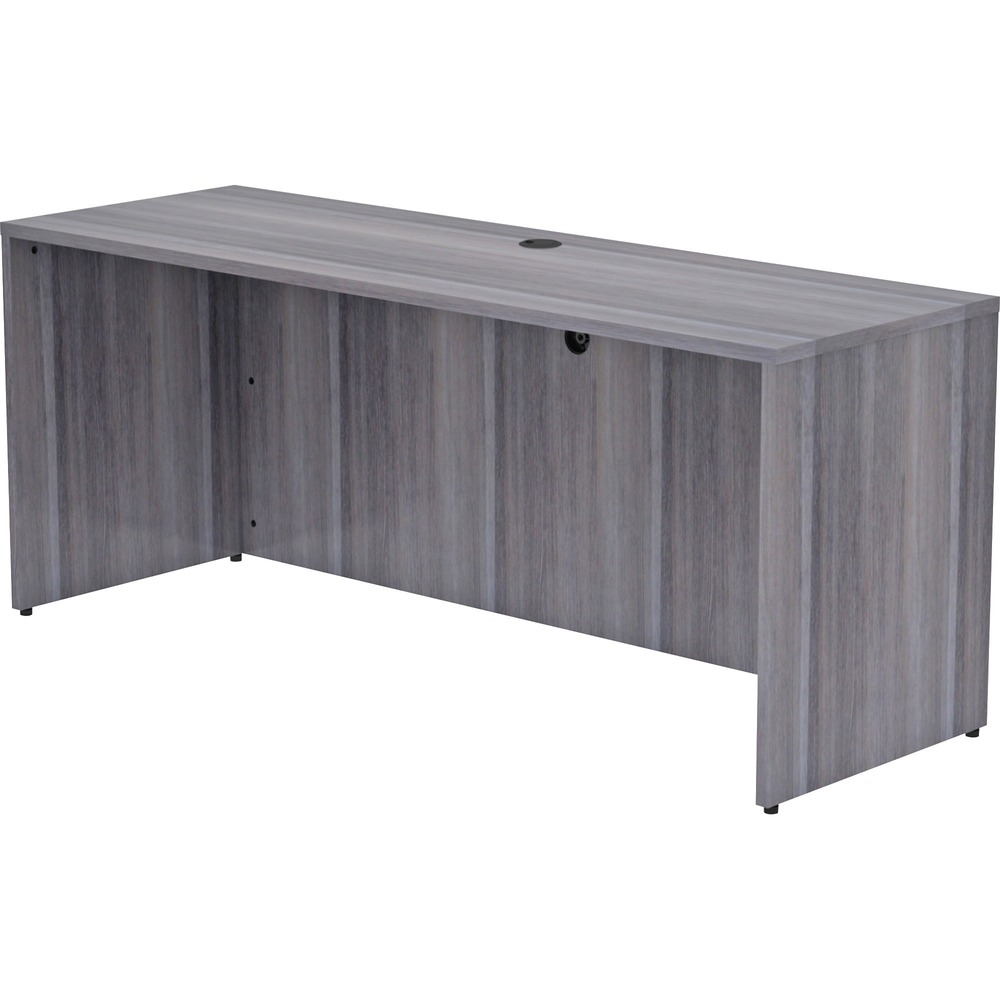 LLR69552 - Credenza shell is part of Lorell Essentials Series Laminate Furniture with high-quality laminate construction and metal-to-metal, cam-lock connections. Weathered charcoal laminate top is 1" thick for durability. Use the grommet hole in the top for easy cord routing. Design also includes a full modesty panel for privacy, 3mm PVC edges and adjustable floor guides for stabilization. Furniture has pre-drilled holes with metal inserts for easy attachment.
