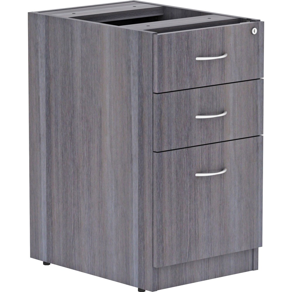 LLR69558 - Unfinished pedestal is part of Lorell Essentials Series Laminate Furniture with high-quality, Weathered Charcoal laminate construction. Pedestal offers a box/box/file design to store office supplies and important files. The file drawer includes hangrails and holds letter-size and legal-size hanging files. Design also includes 96mm metal drawer pulls with a silver brush finish and 3mm PVC edges. Pedestal should not be used without a top (sold separately). It attaches to the underside of the top of an Essentials Series desk, credenza or return with the included fasteners and extends to the floor. Adjustable floor guides offer stabilization.