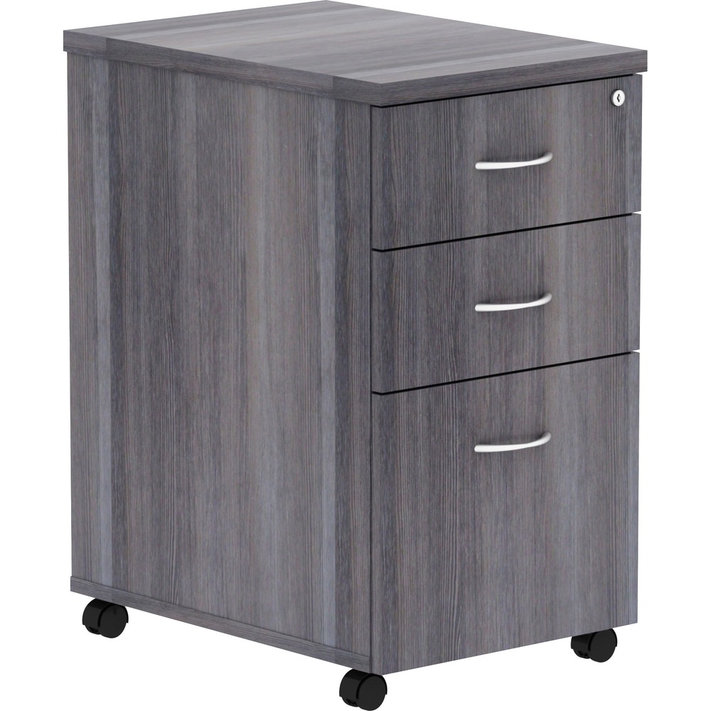 LLR69560 - Mobile pedestal is part of Lorell Essentials Series Laminate Furniture with high-quality laminate construction and a contemporary design. It offers plenty of storage for supplies with two box drawers. Keep your frequently used file handy with the file drawer on the bottom. The file drawer includes hangrails and holds letter-size and legal-size hanging files. Pedestal rolls easily on four 1-1/2" dual-wheel casters. Design also includes Weathered Charcoal laminate for durability, 96mm metal drawer pulls with a silver brush finish and 3mm PVC edges.
