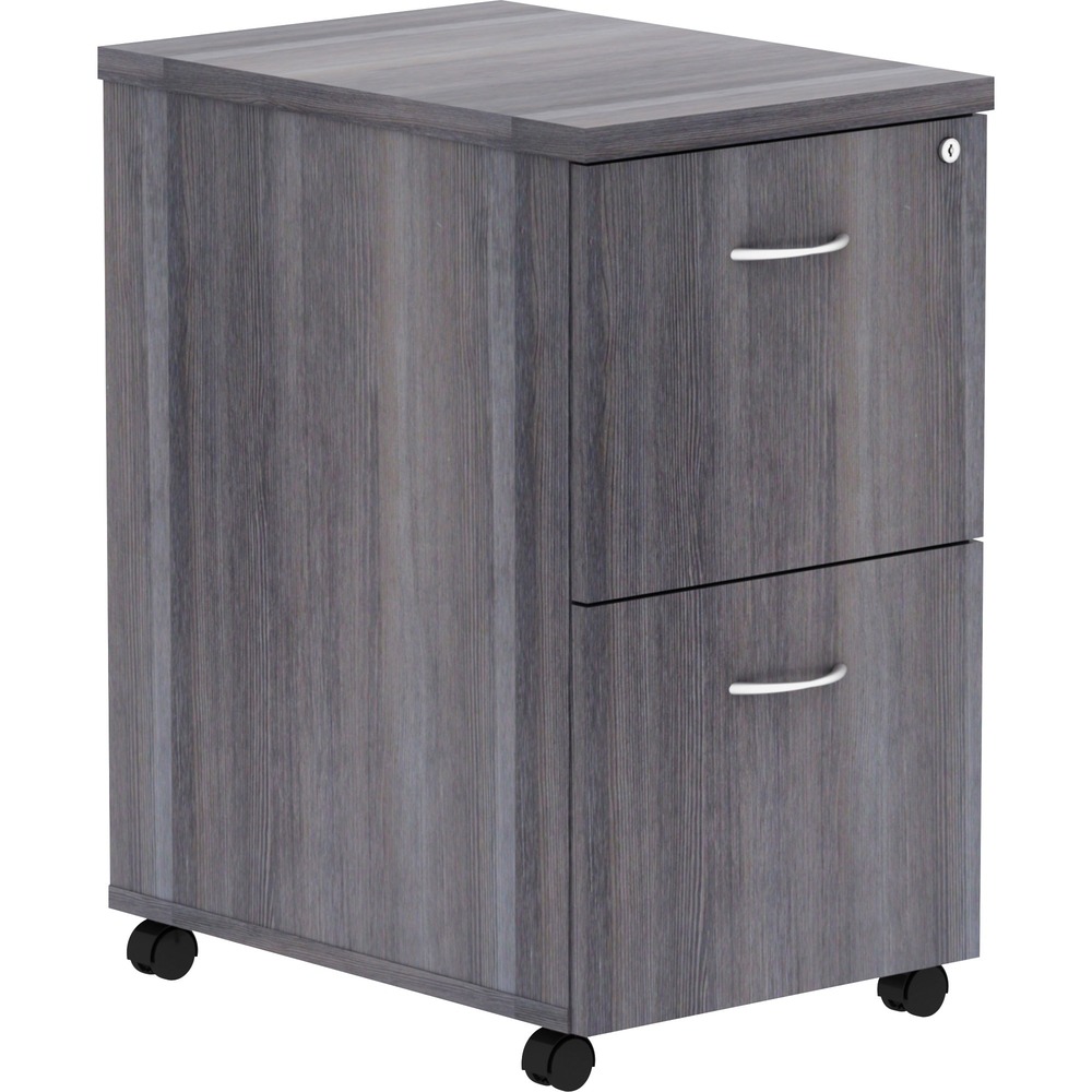 LLR69561 - Mobile pedestal is part of Lorell Essentials Series Laminate Furniture with high-quality laminate construction and a contemporary design. It offers plenty of storage for your files with two file drawers. The file drawer includes hangrails and holds letter-size and legal-size hanging files. Pedestal rolls easily on four 1-1/2" dual-wheel casters. Design also includes Weathered Charcoal laminate for durability, 96mm metal drawer pulls with a silver brush finish and 3mm PVC edges.