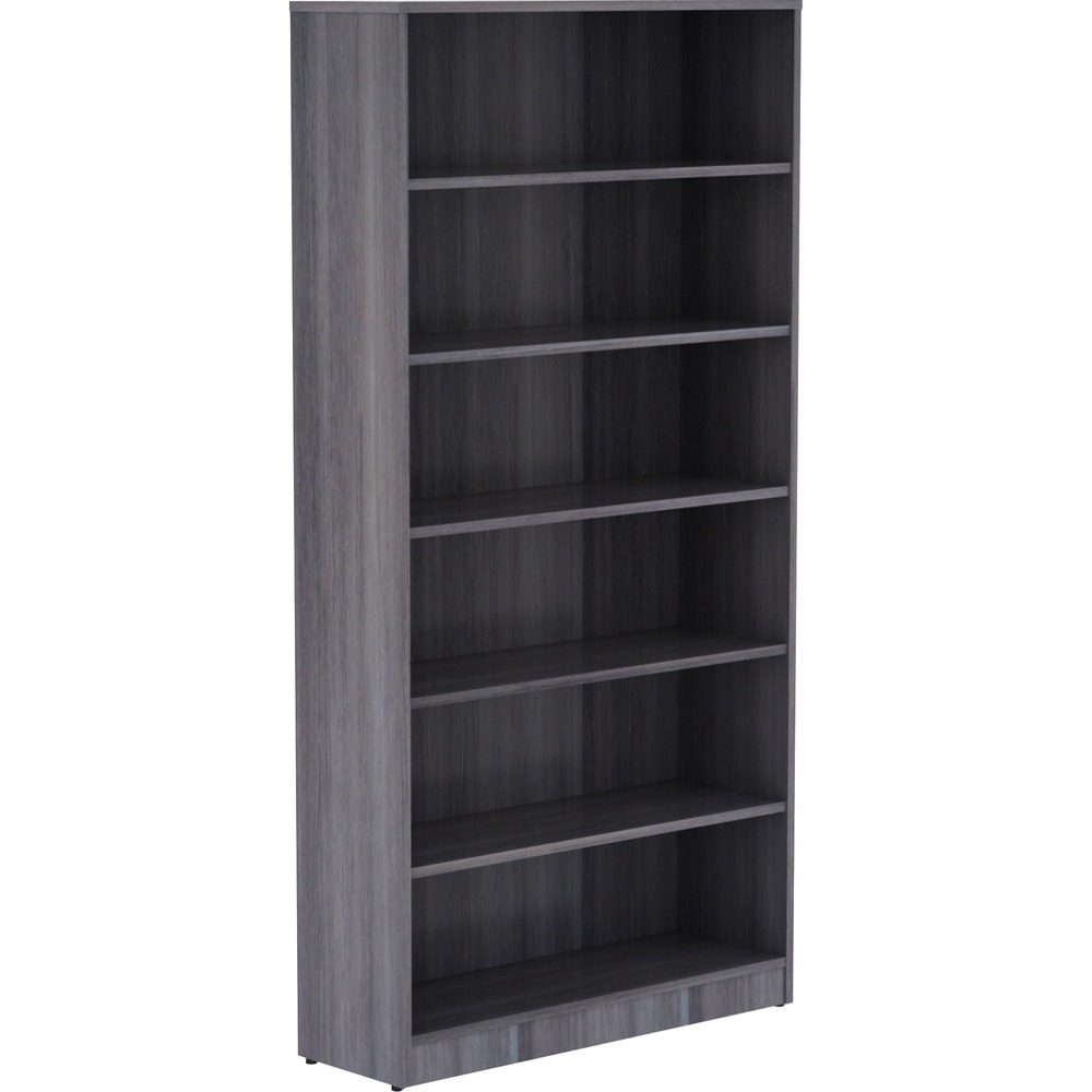 LLR69565 - Sturdy six-shelf bookcase offers high-quality laminate construction and a contemporary design. Shelves are 3/4" thick and made with thermally fused, weathered-charcoal laminate for long-lasting use. The visible, one-piece backing behind the shelves is made with matching laminate. Both sides are finished. Bookcase features adjustable shelves, one fixed bottom shelf, square edges and adjustable feet. Each shelf holds up to 75 lb.
