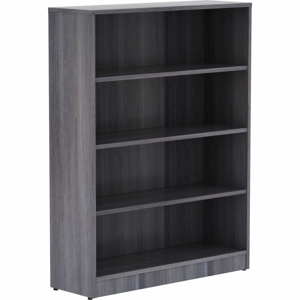 LLR69566 - Sturdy four-shelf bookcase offers high-quality laminate construction and a contemporary design. Shelves are 3/4" thick and made with thermally fused, weathered-charcoal laminate for long-lasting use. The visible, one-piece backing behind the shelves is made with matching laminate. Both sides are finished. Bookcase features adjustable shelves, one fixed bottom shelf, square edges and adjustable feet. Each shelf holds up to 75 lb.