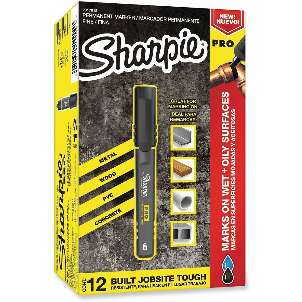 SAN2017818 - With permanent ink designed to mark on wet and oily surfaces, Sharpie PRO Permanent Markers are built jobsite-tough. These permanent markers with a fine point better fit the needs of tradesmen with features like an anti-roll barrel shape, cap clip, lanyard loop and more. They mark on wet and oily surfaces, including metal, wood, PVC and concrete. More from the Manufacturer