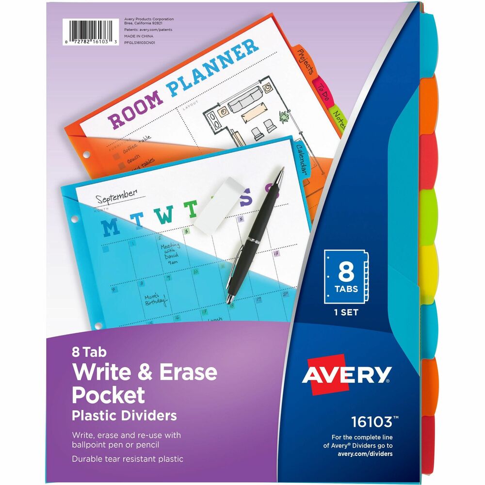 AVE16103 - Organize your life in moments with this set of Write & Erase plastic dividers with pockets. Stylish tabs allow plenty of room and can be written on with a ballpoint pen or pencil. Reuse these dividers by simply erasing your old text and writing something new. These vibrant dividers add a jolt of color and personality to any project. Translucent pocket is ideal for storing class schedules, homework assignments, classroom syllabi and more. Diagonally cut pockets also make it easy to slip documents in and out in moments. Each divider pocket can hold up to 25 sheets and is assembled with a durable, tear-resistant plastic material that withstands frequent use. Use dividers for organizing classwork, planning dorm layouts or scheduling your week.