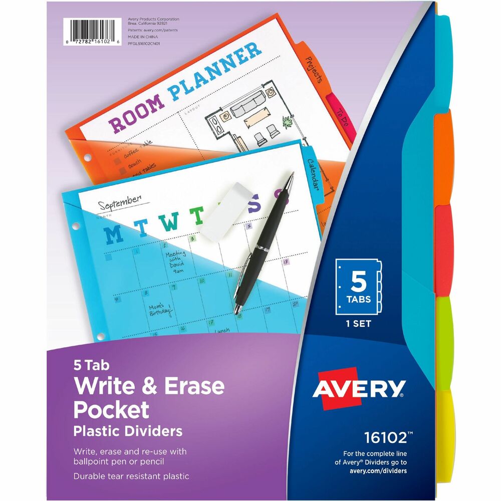 AVE16102 - Organize your life in moments with this set of Write & Erase plastic dividers with pockets. Stylish tabs allow plenty of room and can be written on with a ballpoint pen or pencil. Reuse these dividers by simply erasing your old text and writing something new. These vibrant dividers add a jolt of color and personality to any project. Translucent pocket is ideal for storing class schedules, homework assignments, classroom syllabi and more. Diagonally cut pockets also make it easy to slip documents in and out in moments. Each divider pocket can hold up to 25 sheets and is assembled with a durable, tear-resistant plastic material that withstands frequent use. Use dividers for organizing classwork, planning dorm layouts or scheduling your week.
