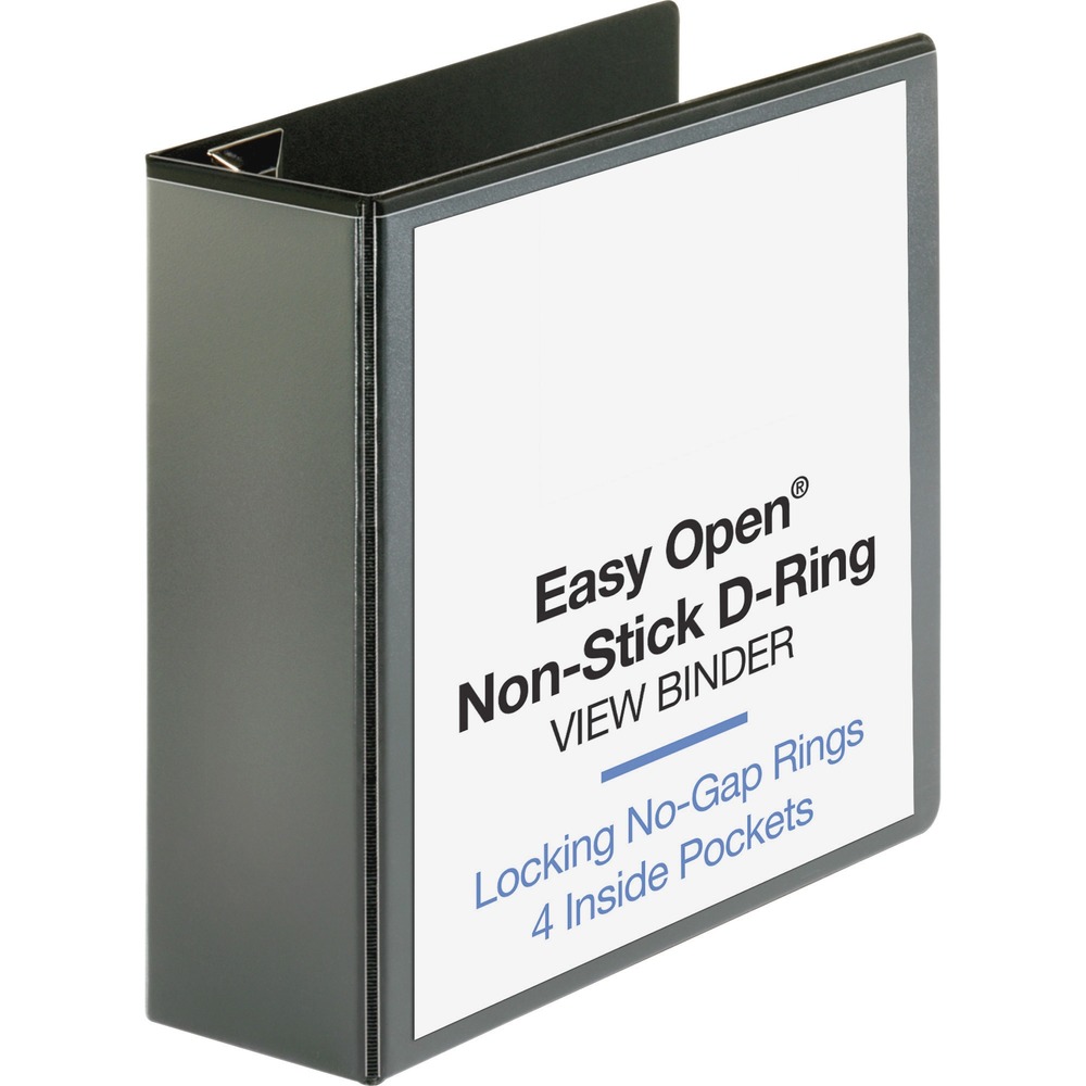 BSN26964 - Locking D-Ring View Binder features no-pinch rings that open, close and lock with one touch. D-ring design holds more sheets than standard round-ring binders. Locking steel rings are mounted to the back instead of the spine so pages lie flat. 4" ring capacity holds approximately 775 sheets. Clear, nonglare overlay holds custom title sheets. Acid-free polypropylene construction prevents contents from sticking to the binder cover. Four horizontal pockets are stacked inside front and back covers to maximize storage space on the covers. Each pocket holds 30 sheets. Binder also features exposed rivets and a sturdy chipboard core.