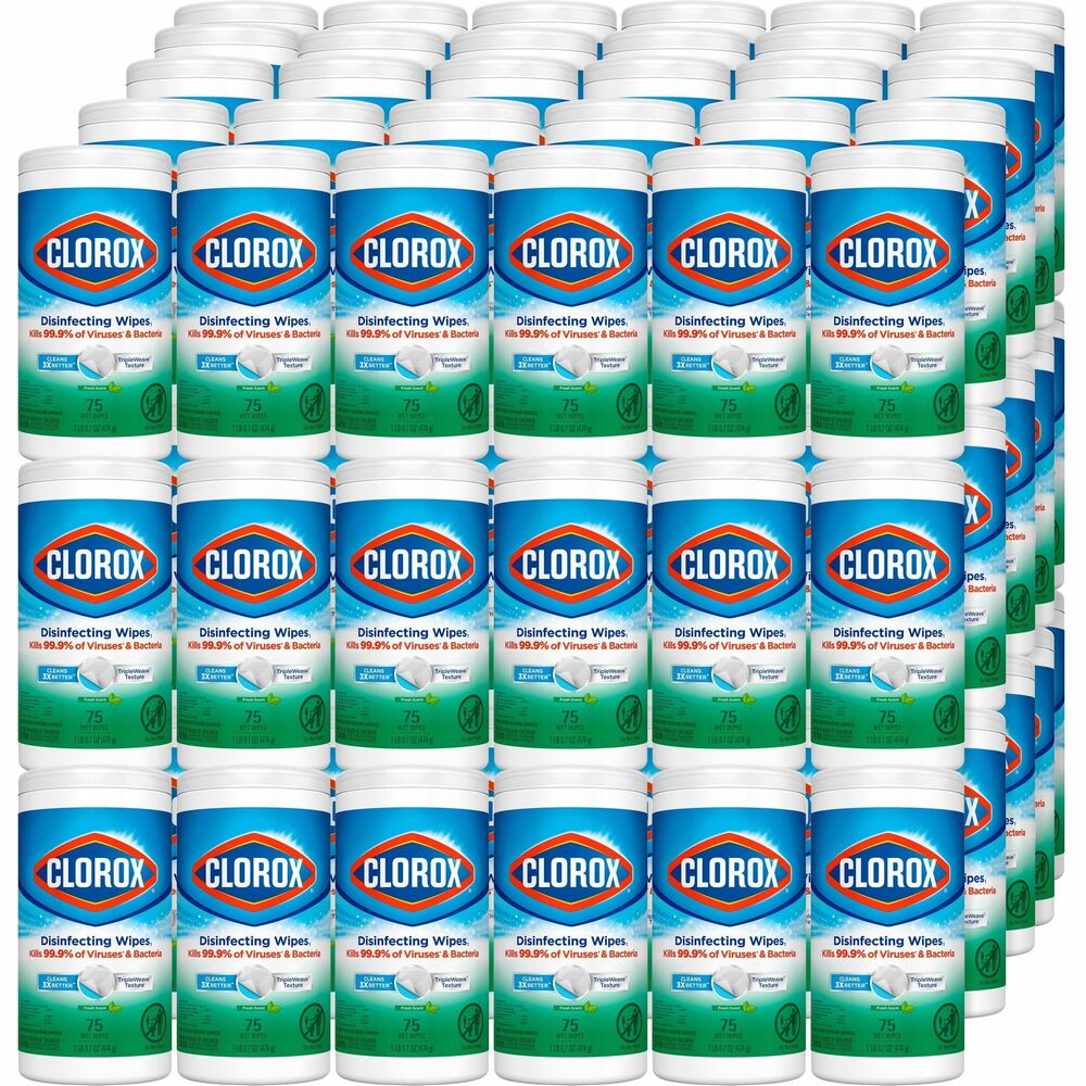 CLO01656PL - Clorox Disinfecting Wipes clean, disinfect, deodorize and remove allergens for five times the cleaning power and leave behind a pleasant, fresh scent. Wipes clean and disinfect with antibacterial power that kills 99.9 percent of viruses and bacteria that can live on hard, nonporous surfaces, including COVID-19 Virus, staph, E. coli, MRSA, salmonella, strep and Kleb. These all-purpose, disposable wipes remove common allergens, germs and messes on surfaces like kitchen counters, bathroom surfaces and more and can prevent the growth of odor-causing bacteria on nonfood-contact surfaces for up to 24 hours. Wipes are safe to use on finished wood, sealed granite and stainless steel. Clean with bleach-free wipes to keep dirt and germs away. Use as directed and allow surfaces to air-dry.