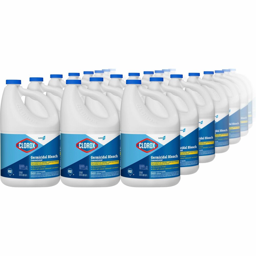 CLO30966PL - Show those germs who's boss with Clorox Germicidal Bleach from CloroxPro. EPA-registered bleach kills 39 organisms, including multiple strains of MRSA, norovirus, flu virus, E. Coli, listeria and Salmonella when used as directed on countertops, floors, toilets and more. It meets EPA criteria for use against SARS-CoV-2, the virus that causes COVID-19. This 121 oz. bottle of bleach makes 30 gallons of germ-busting cleaning solution to remove stains and kill mold and mildew. Bleach also can be used in the laundry room to make whites whiter. It removes the toughest laundry stains from white clothes including red wine, grass, dirt and blood stains. It is safe to use in standard and high-efficiency washing machines. Bleach is ideal for use in busy healthcare environments, offices, schools and other commercial facilities. Packaging may vary.