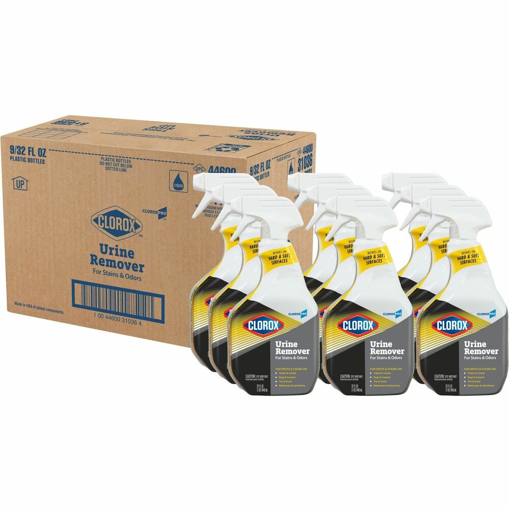 CLO31036PL - Clorox Urine Remover for Stains and Odors from CloroxPro tackles the toughest urine stains and odors. With the cleaning power of hydrogen peroxide, it quickly breaks down urine to eliminate odors and remove stains. This versatile cleaner is safe to use on most hard and soft surfaces. It is specially formulated for tough-to-clean porous surfaces, like grout, that are notorious for trapping urine odors. It also handles stains and odors on soft, absorbent surfaces like carpet and mattresses. This urine remover is also great for outdoor concrete, walls and flooring, laundry pre-treatment, pet stains and bodily fluids removal including feces, blood and vomit. Stain remover is ideal for offices, daycare centers, schools, hotels, restaurants and other commercial facilities.