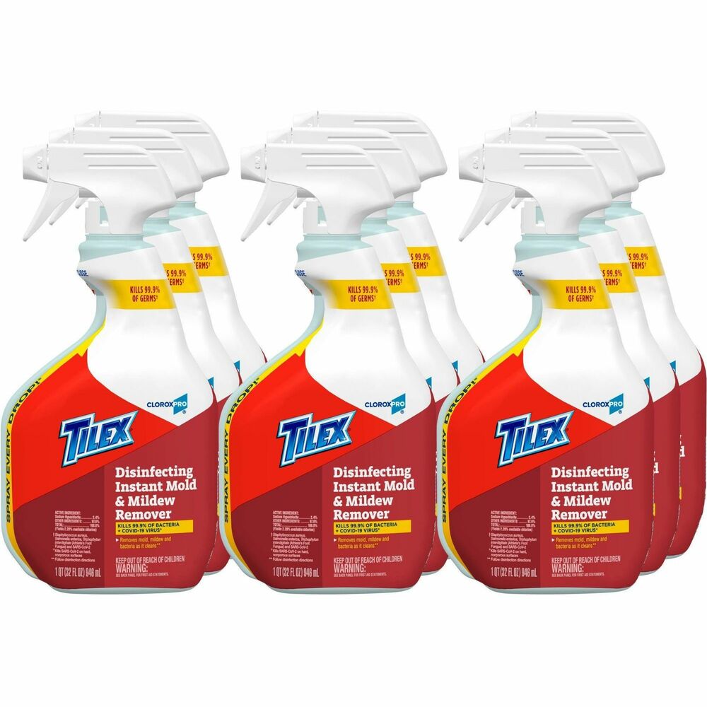 CLO35600PL - CloroxPro Tilex Disinfecting Instant Mold and Mildew Remover kills 99.9 percent of viruses (Staphylococcus aureus, Salmonella enterica, Trichophyton interdigitale (athlete's foot fungus) and Influenza A Virus) and bacteria - including SARS-CoV-2 (the virus that causes COVID-19) on hard, nonporous surfaces. Disinfecting spray kills mold, mildew and bacteria as it cleans, removing mildew stains without scrubbing. Unique formula whitens tile and grout and dissolves soap scum as you spray. It removes and destroys mold spores and cleans tiles, grout, toilets and fiberglass. Mildew remover is ideal for offices, daycare centers, schools, hotels, restaurants and other commercial facilities. Spray every drop thanks to Smart Tube technology that reaches to the very bottom of the bottle. Packaging may vary. Formulated by CloroxPro - where clean means everything.