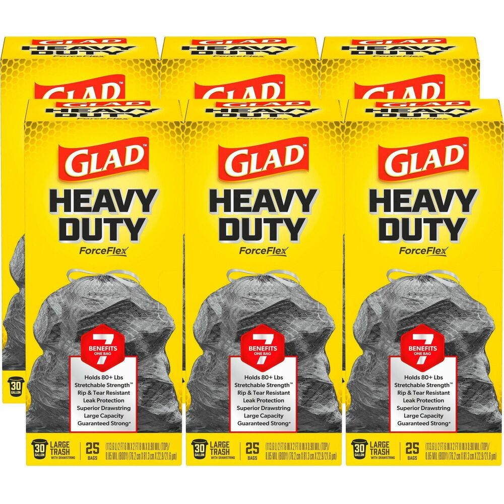 CLO70359PL - Glad ForceFlexPlus Drawstring Bags feature durable strength with a reinforced side seam to let you carry the heaviest loads without tearing the bag. The large-capacity bags fit a 30-gallon can and stretch around your trash with the ForceFlexPlus technology to prevent rips and tears. Built with advanced rip and tear protection, the LeakGuard Protection and RipGuard Protection can withstand even the toughest and messiest trash so what goes in stays in. Strong, reinforcing drawstring closure grips the can and ensures easy closing and lifting with one quick pull. These garbage bags are perfect for tough jobs throughout your home or office, indoor or outdoor. They are ideal for use in schools, daycare centers, restaurants, hotels and other commercial facilities.
