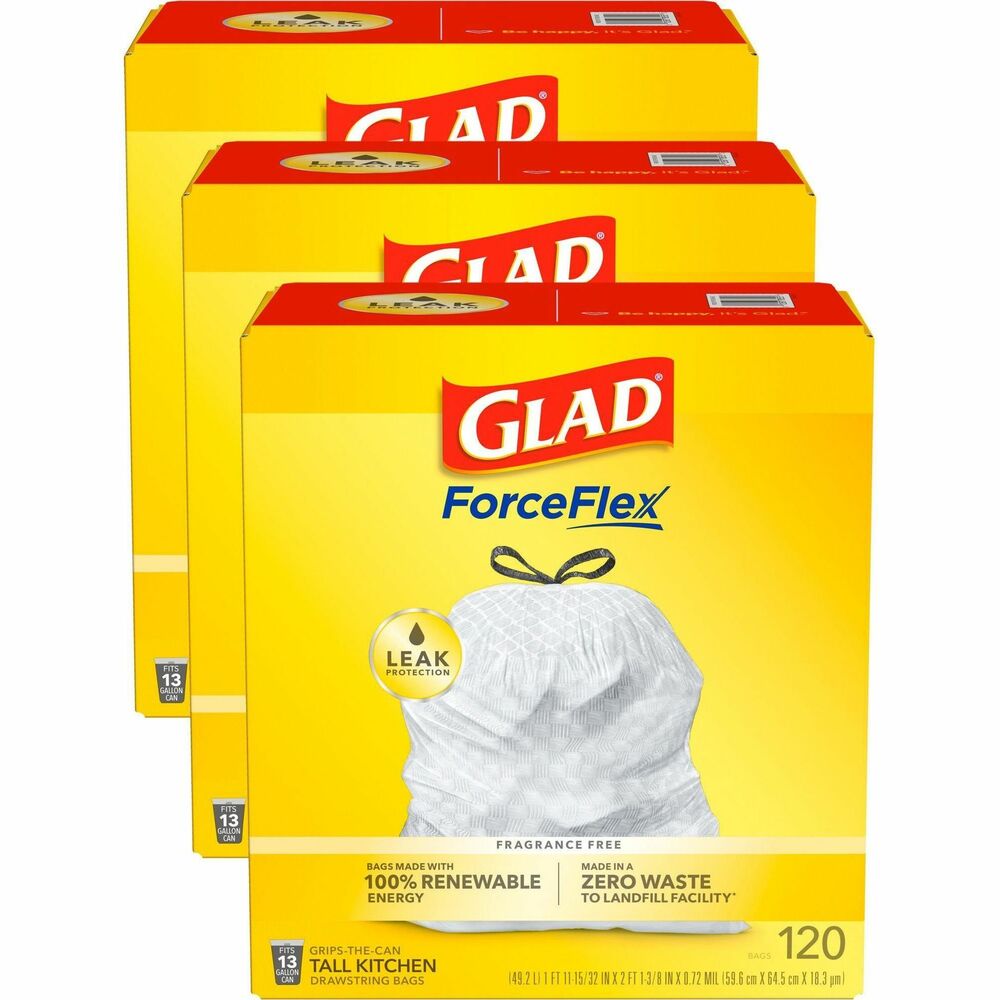 CLO78564CT - Keep your trash contained with the durability and quality of these Glad Tall Kitchen Drawstring Trash Bags. ForceFlex technology gives extra flex as it expands around sharp edges and heavy loads to let you pack it in without ripping. Dual-layered construction with RipGuard and LeakGuard technology resists punctures, rips, tears and liquid seepage. The durable, Grips-The-Can Drawstring ensures that the bag stays in place and provides a three-ply handle to easily lift, carry and toss the bag. Tough and resilient, Glad trash bags can handle some abuse so shake the trash deeper into the bag while keeping everything contained. They are ideal for use in offices, schools, daycare centers, restaurants, hotels and other commercial facilities.