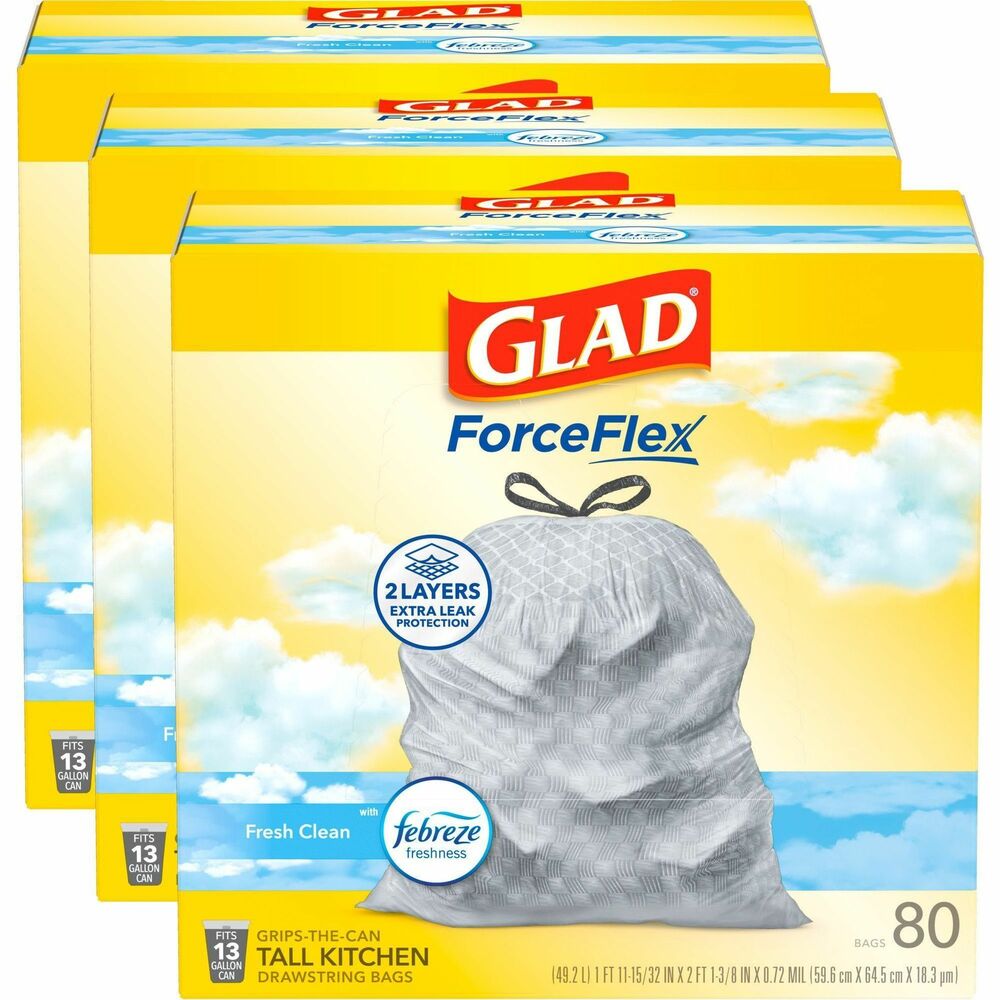 CLO78899CT - Let the stretchable strength of Glad ForceFlex handle all the messes your busy daily life can throw at you and then some. Glad Tall Kitchen Drawstring Trash Bags are designed with ForceFlex technology to give extra flex as it expands around sharp edges and heavy loads so you can pack it in while resisting tears, rips and punctures. They are designed with two layers for extra leak protection. RipGuard and LeakGuard technology prevent seepage of liquids and keep trash contained. Fight nasty kitchen odors with the exclusive Glad trash bag combination of steady release of Febreze freshness and irresistible Gain Fresh Clean scent that traps, locks and neutralizes odors. Durable Grips The Can Drawstring ensures a tight grip on the trash can to keep it in place. Take the trash to the curb with no fear of leaks and tears, and no frustration.