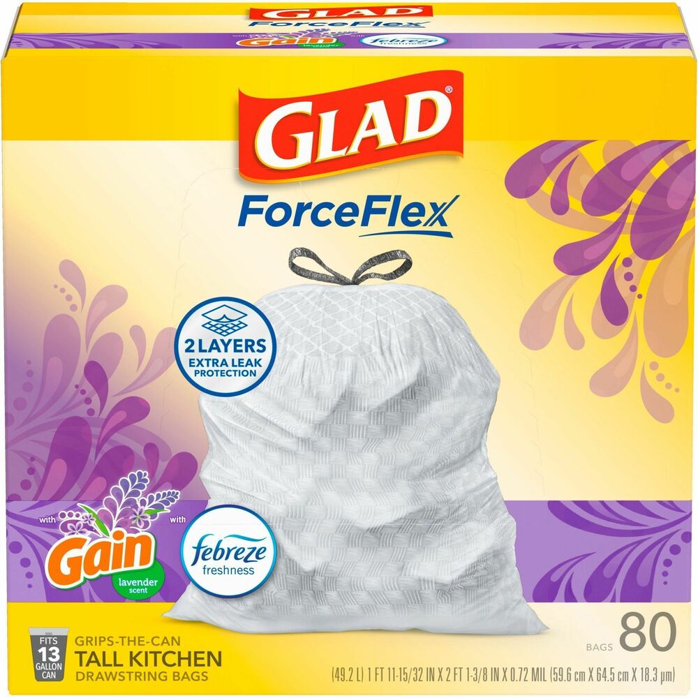 CLO78902BD - Let the stretchable strength of Glad ForceFlex handle all the messes your busy daily life can throw at you and then some. Glad Tall Kitchen Drawstring Trash Bags are designed with ForceFlex technology to give extra flex as it expands around sharp edges and heavy loads so you can pack it in while resisting tears, rips and punctures. They are designed with two layers for extra leak protection. RipGuard and LeakGuard technology prevent seepage of liquids and keep trash contained. Fight nasty kitchen odors with the exclusive Glad trash bag combination of steady release of Febreze freshness and irresistible Gain Lavender scent that traps, locks and neutralizes odors. Durable Grips The Can Drawstring ensures a tight grip on the trash can to keep it in place. Take the trash to the curb with no fear of leaks and tears, and no frustration.