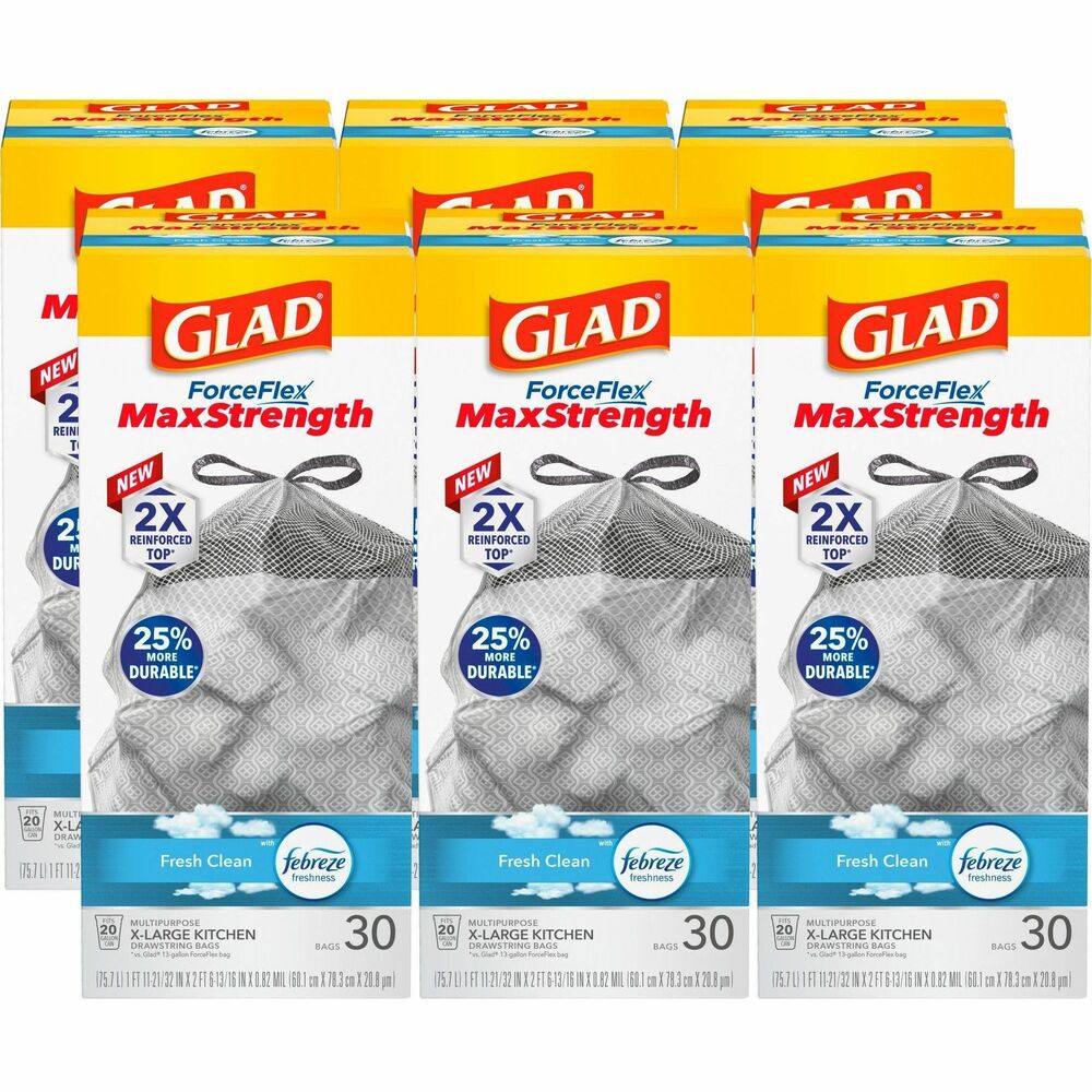 CLO78913CT - Glad ForceFlex MaxStrength X-Large Kitchen Trash Bags provide strength and Fresh Clean scent with Febreze Freshness to help your kitchen smell fresh. These 20-gallon bags are 25 percent more durable than a 20-gallon Glad ForceFlex and equipped with a twice-reinforced top compared to a standard, 20-gallon Glad kitchen bag to pull and carry, helping prevent rips at the top. It also features an outer leak protection layer and inner layer that stretches to help prevent rips and tears. OdorShield technology provides odor control to help fight smells. Bags from Glad U.S. plants are made with 100 percent renewable electricity, and all electrical energy used is offset by virtual power purchase agreements and purchased renewable energy certificates (RECs).