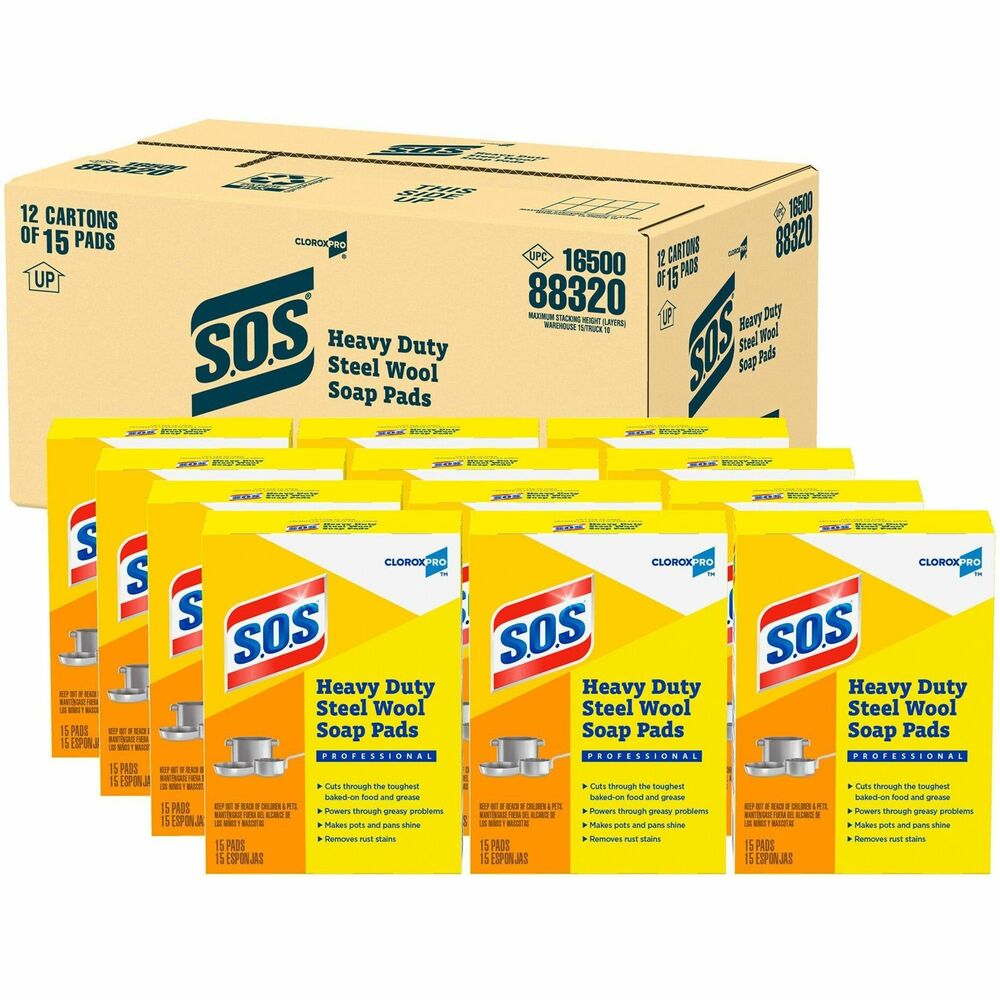 CLO88320PL - S.O.S Steel Wool Soap Pads are tough so you don't have to be. Made with durable steel wool and saturated with long-lasting soap, these pads cut through even the toughest, baked-on, greasy, grimy messes. They are perfect for cleaning ovens, broilers, cookie sheets and pots and pans. These reusable, soap pads are great outside the kitchen too. From scrubbing stoves and shower doors to cleaning grills and golf clubs, they quickly remove stubborn grease, rust and stains inside and outside the home or workplace. The soap contains rust inhibitors, preservatives, soaps and detergents, a pH buffer, fragrance and color. From CloroxPro, these steel wool soap pads are ideal for use in restaurants, cafeterias, hotels, breakrooms and other commercial facilities. Cleaning is quick and easy with S.O.S.