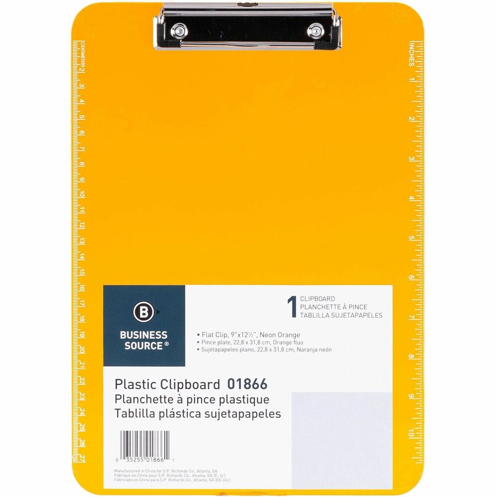 BSN01866 - Clipboard provides a stylish, functional way to write without the use of a desk. Flat clip makes this durable, transparent plastic clipboard space-efficient and easy to use. Imprinted rulers on both sides of the clipboard have measurements in Imperial and metric. Clipboard includes a pullout tab for hanging.