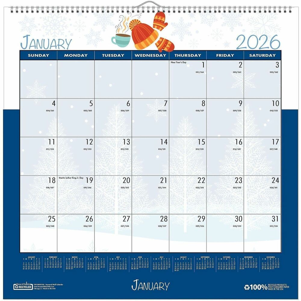 HOD339 - Add a little fun to your day with this Seasonal/Holiday Wall Calendar. Colorful, enthusiastic monthly images depict each month's special holiday and season with bright lively designs throughout the page. Dated planning pages range 12 months from January to December. Monthly view on each page also features unruled daily blocks (1-1/2" x 2-1/8"), Sunday-through-Saturday scheduling, count of days/days remaining, holidays and a full-year reference calendar at the bottom. Full chipboard backer allows the calendar to hang flat. Strong wire binding firmly keeps the pages together in one place. Spiral binding includes a wire hanger for easy hanging. Wall calendar is printed on post-consumer recycled paper (FSC certified) with soy-based inks.