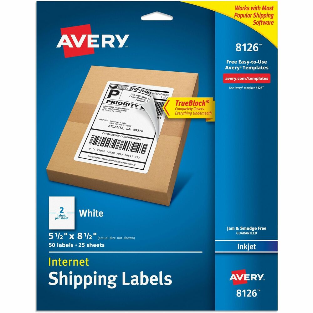 Avery® White Rectangle Labels TrueBlock®, 8½" x 5½" , for Laser and Inkjet Printers - 5 1/2" Width x 8 1/2" Length - Permanent Adhesive - Rectangle - Inkjet - Matte - White - Paper - 2 / Sheet - 25 Total Sheets - 50 Total Label(s) - 50 / Pack