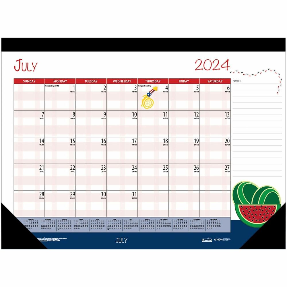 HOD1395 - Add a little fun to your day with this Academic Seasonal/Holiday Desk Pad. This pad features a different animated theme each month. Dated planning pages range 12 months from July to June. One-page-per-month includes unruled daily blocks for open planning, Sunday-through-Saturday scheduling, count of days/days remaining, a notes section, holidays and a full-year reference calendar at the bottom. Bound calendar pages are perforated at the top and secured at the bottom with two matching chipboard reinforced leatherette corners. FSC certified paper is made with a high percentage of post-consumer recycled paper and soy-based inks.