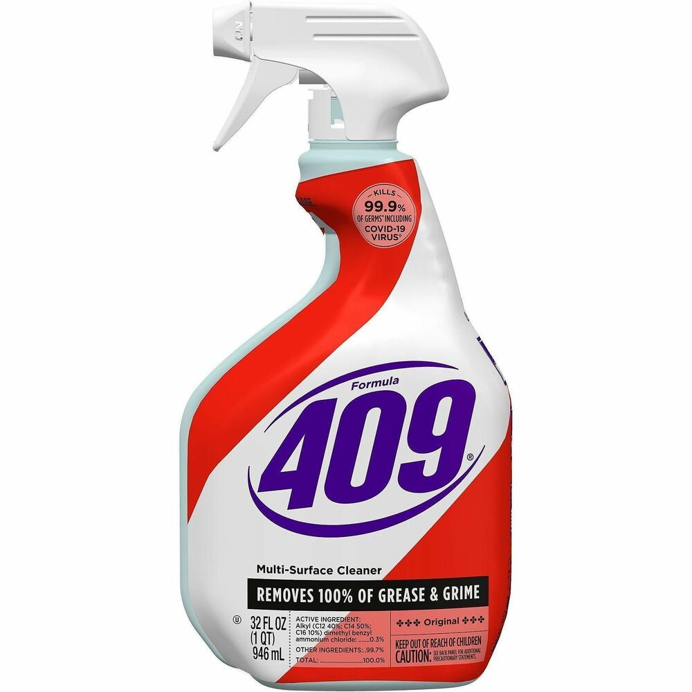 CLO31220 - Formula 409 Multisurface Cleaner is the ultimate cleaner, degreaser and disinfectant for your home. Antibacterial formula quickly cuts through grease and grime and disinfects as you wipe, killing more than 99.9 percent of germs on hard, nonporous surfaces, including COVID-19 Virus, salmonella, E. coli, Staph, Influenza A Virus and Herpes Simplex Virus Type 2. When used as directed, this one cleaner works on many surfaces: stainless steel, synthetic marble, glazed ceramic tile, linoleum, countertops, stovetops, sinks, floors, cabinets, tubs and walls. A potable rinse is required for food-contact surfaces. No-bleach formula deodorizes as you clean, leaving a fresh scent. It works great both indoors and outdoors on a wide range of hard, nonporous surfaces.